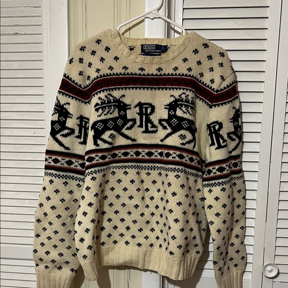 Polo by Ralph Lauren Beige and Black Reindeer Crewneck Sweater